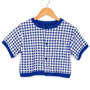 Vintage 80s/90s Gitano Girls L 10 Blue White Houndstooth Cropped Cardigan NWT
